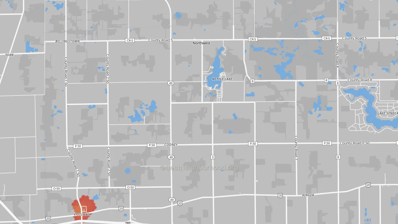 Walk Grade map of Nettle Lake, OH, walkable areas in green and car-dependent areas in red