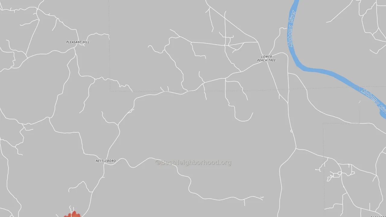 Walk Grade map of Nettleboro, AL, walkable areas in green and car-dependent areas in red