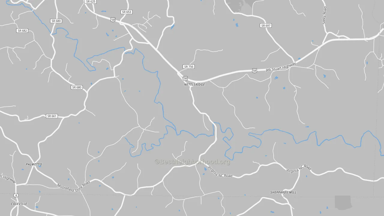 Walk Grade map of Nettleridge, VA, walkable areas in green and car-dependent areas in red