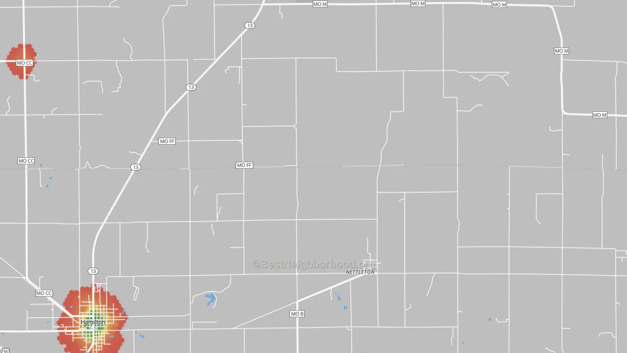 Walk Grade map of Nettleton, MO, walkable areas in green and car-dependent areas in red