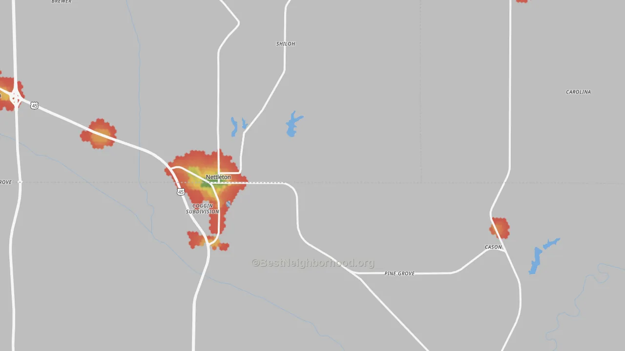 Walk Grade map of Nettleton, MS, walkable areas in green and car-dependent areas in red