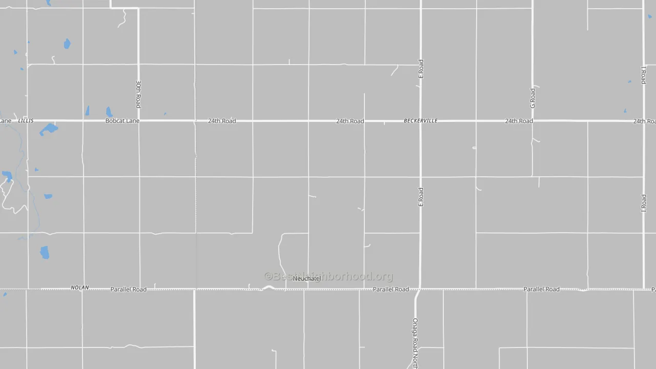 Walk Grade map of Neuchatel, KS, walkable areas in green and car-dependent areas in red
