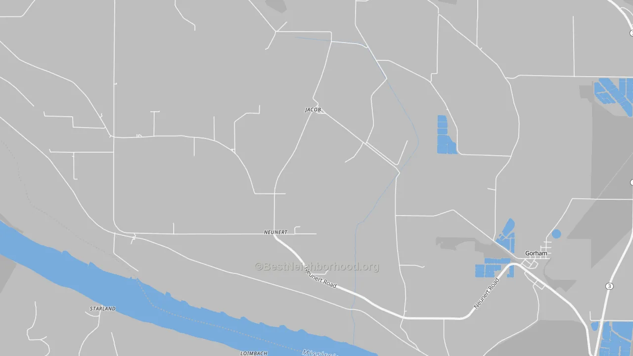 Walk Grade map of Neunert, IL, walkable areas in green and car-dependent areas in red