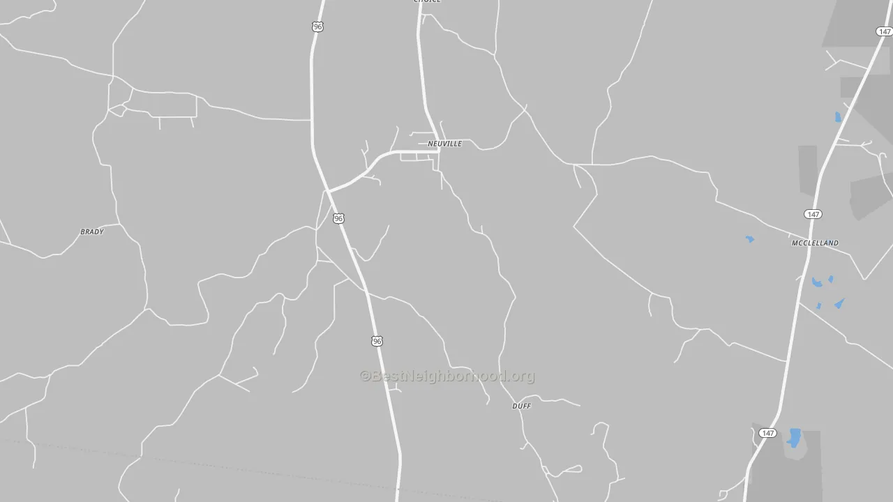 Walk Grade map of Neuville, TX, walkable areas in green and car-dependent areas in red