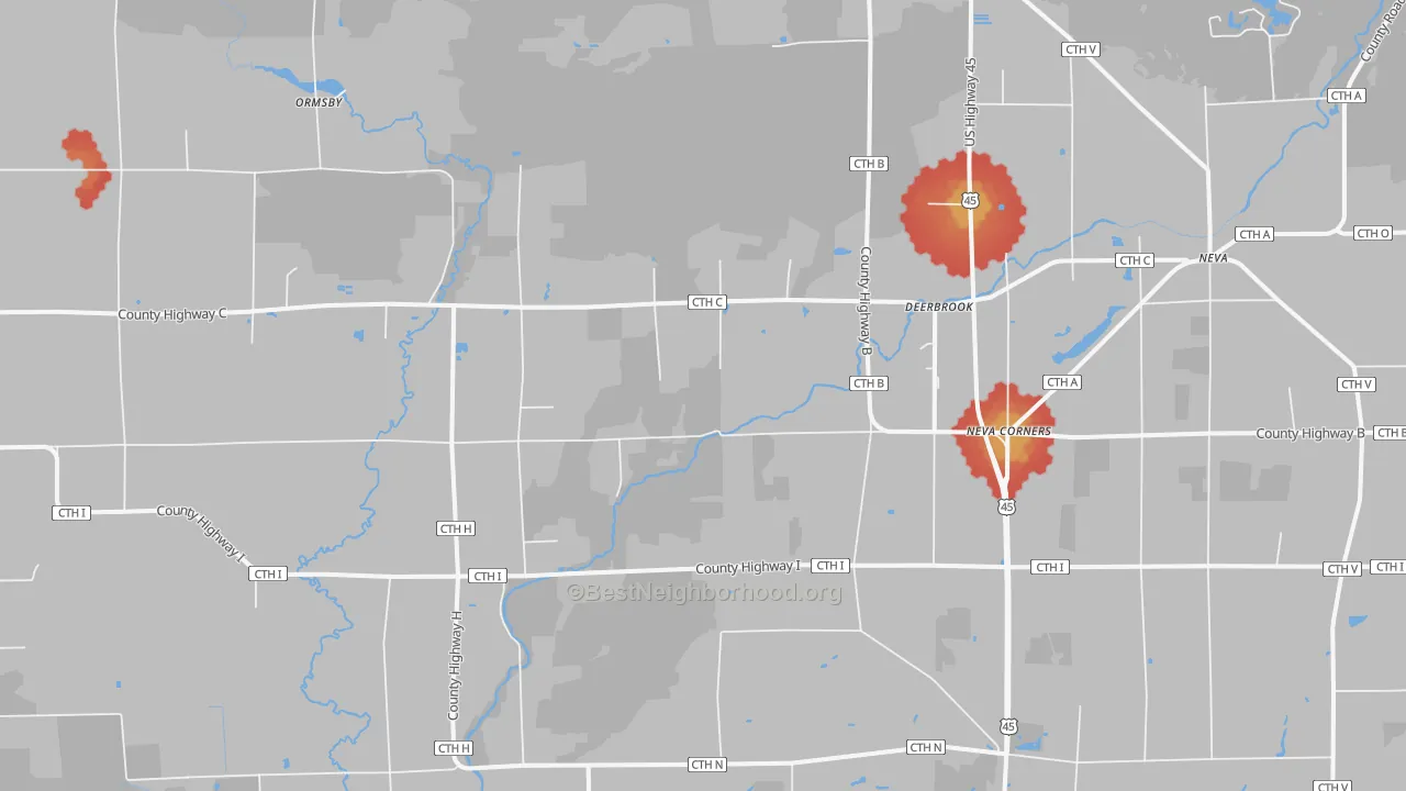 Walk Grade map of Neva Corners, WI, walkable areas in green and car-dependent areas in red