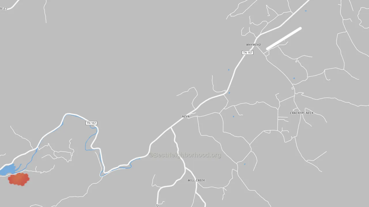 Walk Grade map of Neva, TN, walkable areas in green and car-dependent areas in red