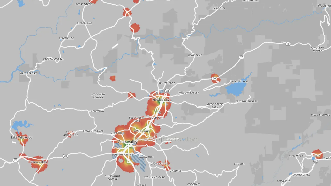 Walk Grade map of Nevada City, CA, walkable areas in green and car-dependent areas in red
