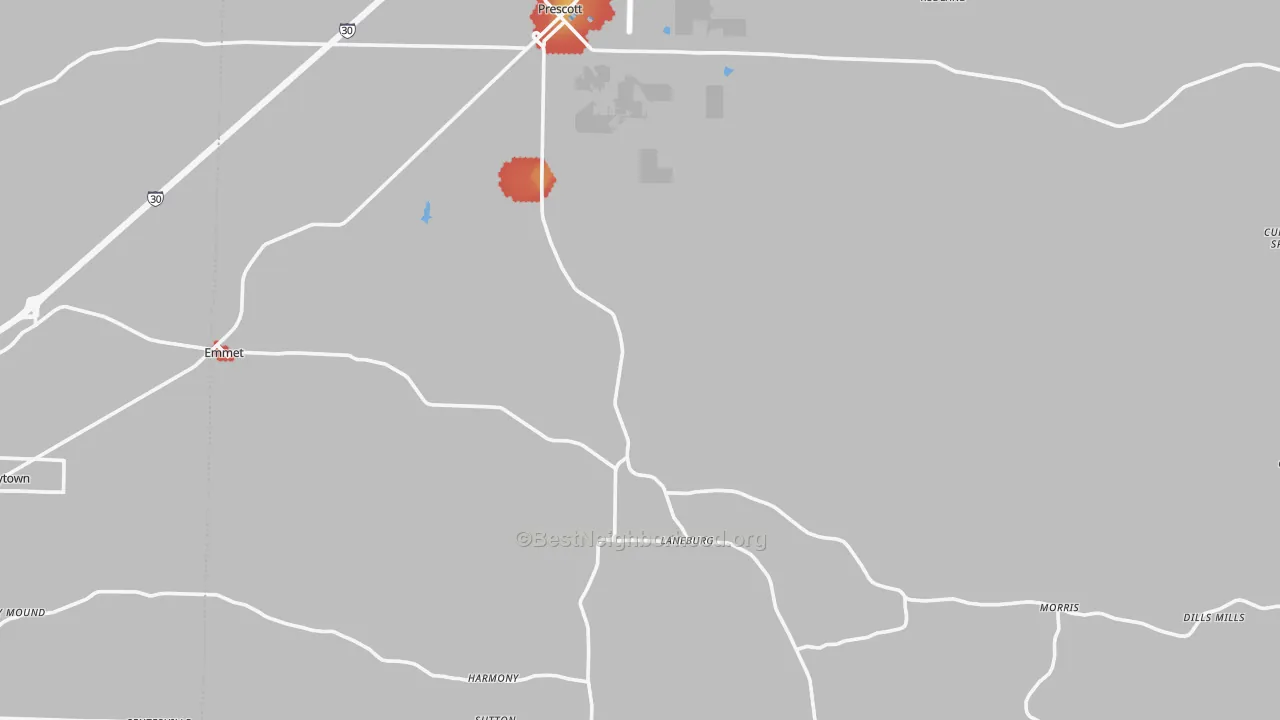 Walk Grade map of Nevada County, AR, walkable areas in green and car-dependent areas in red