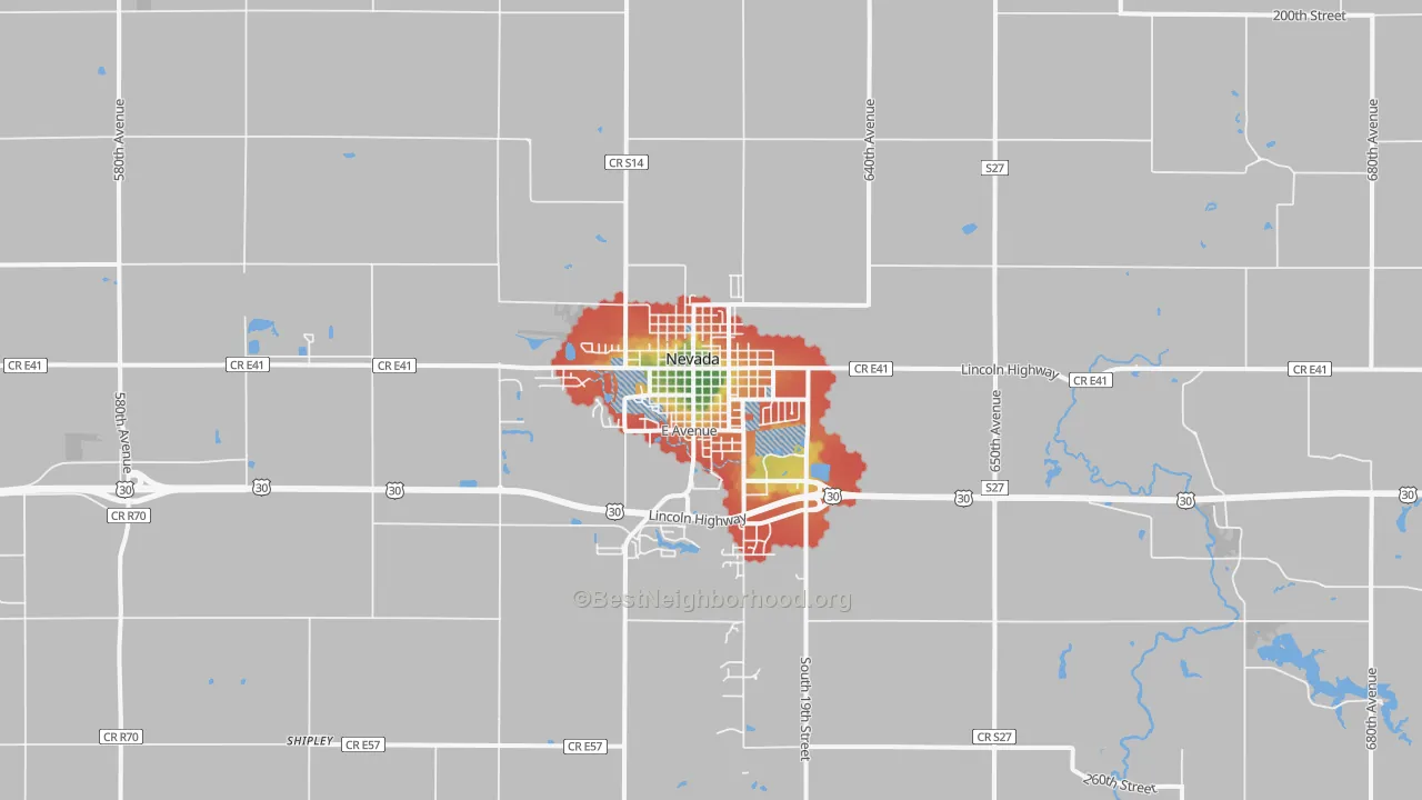 Walk Grade map of Nevada, IA, walkable areas in green and car-dependent areas in red
