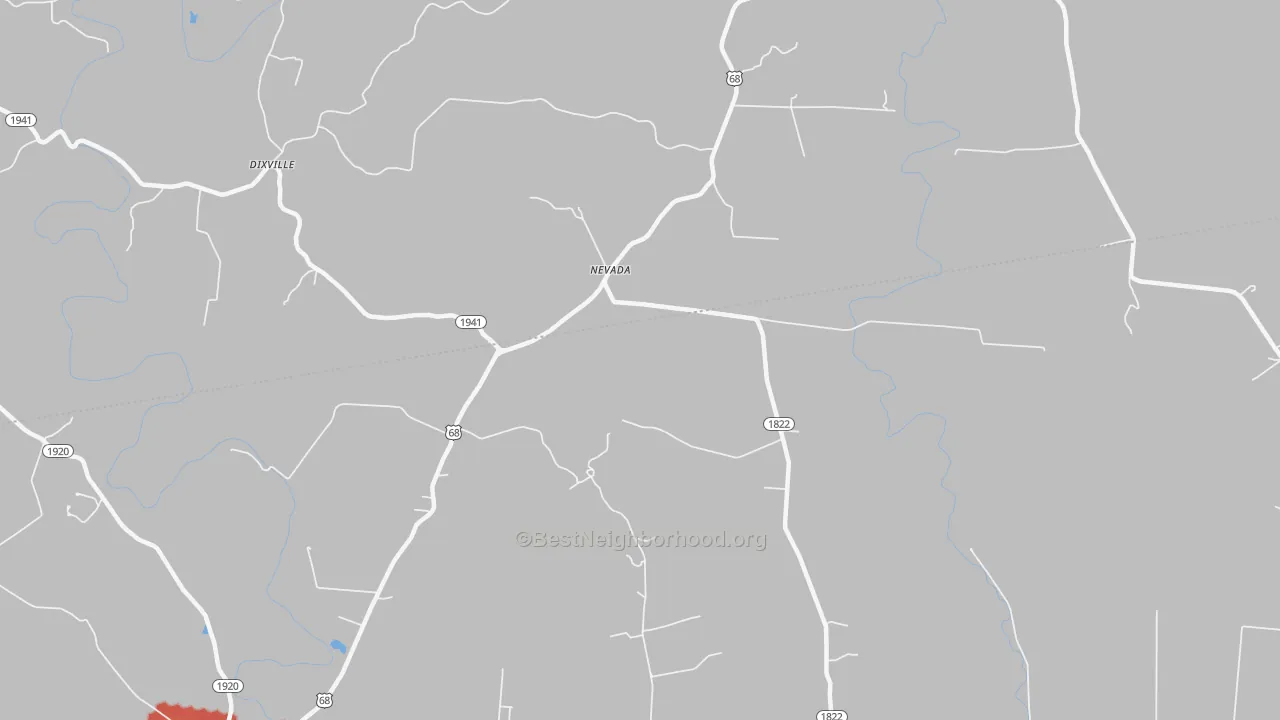 Walk Grade map of Nevada, KY, walkable areas in green and car-dependent areas in red