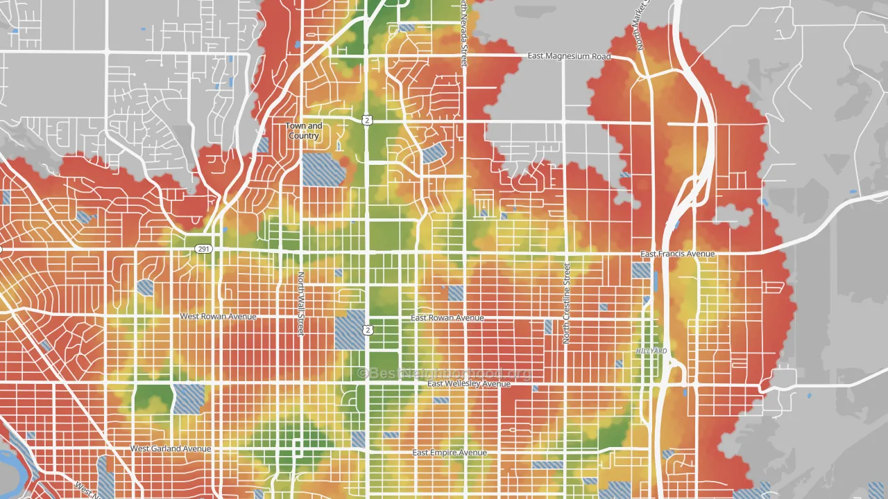 Walk Grade map of Nevada-Lidgerwood, Spokane, WA, walkable areas in green and car-dependent areas in red