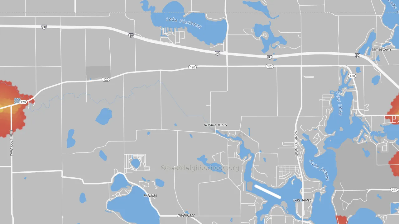 Walk Grade map of Nevada Mills, IN, walkable areas in green and car-dependent areas in red