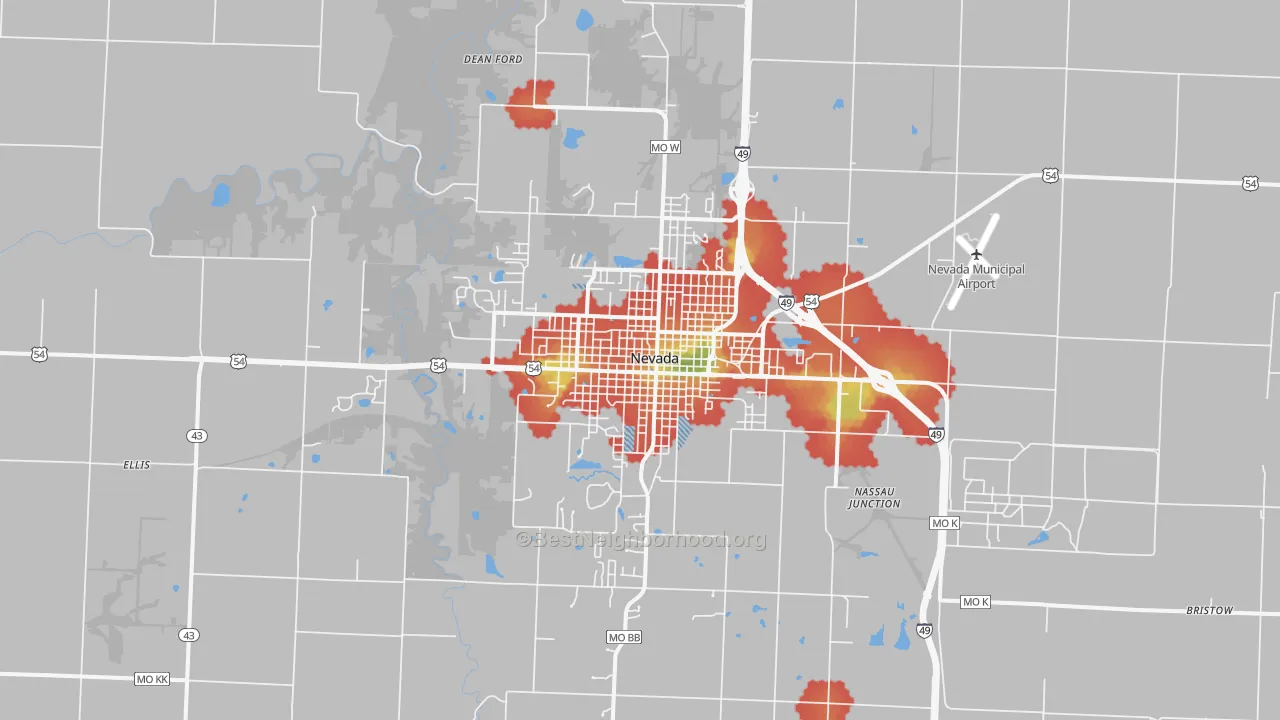 Walk Grade map of Nevada, MO, walkable areas in green and car-dependent areas in red