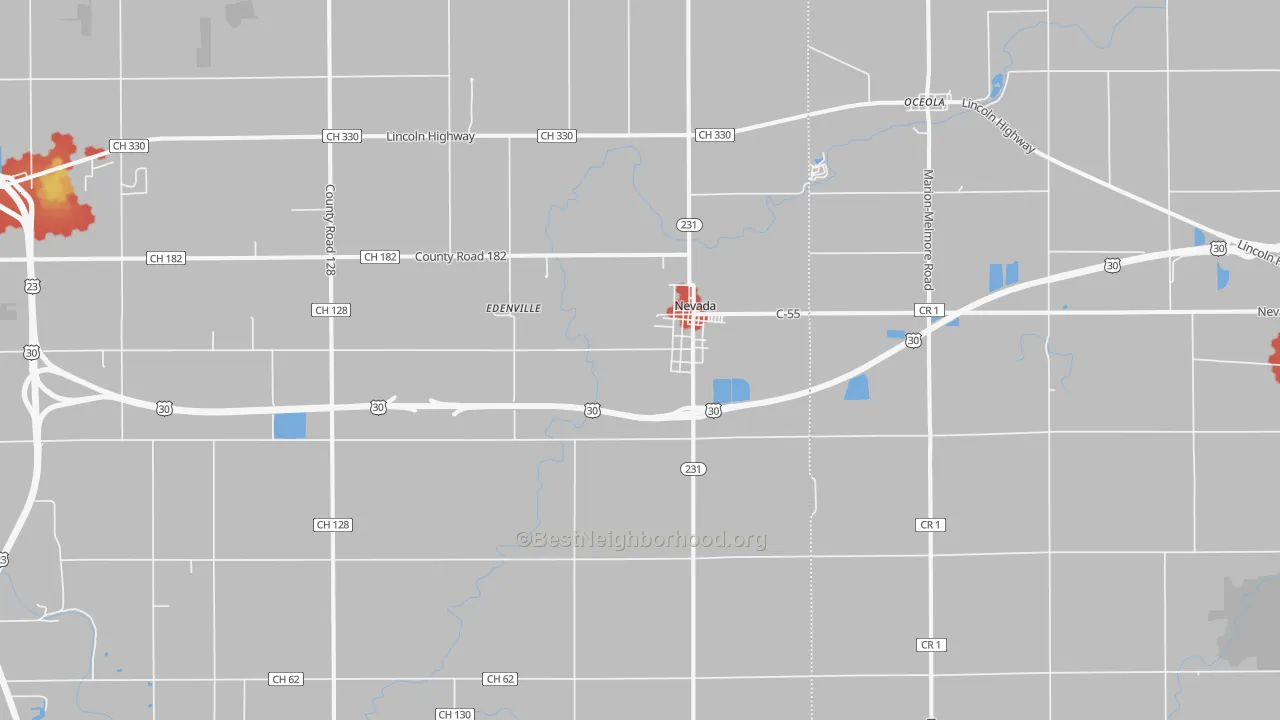 Walk Grade map of Nevada, OH, walkable areas in green and car-dependent areas in red