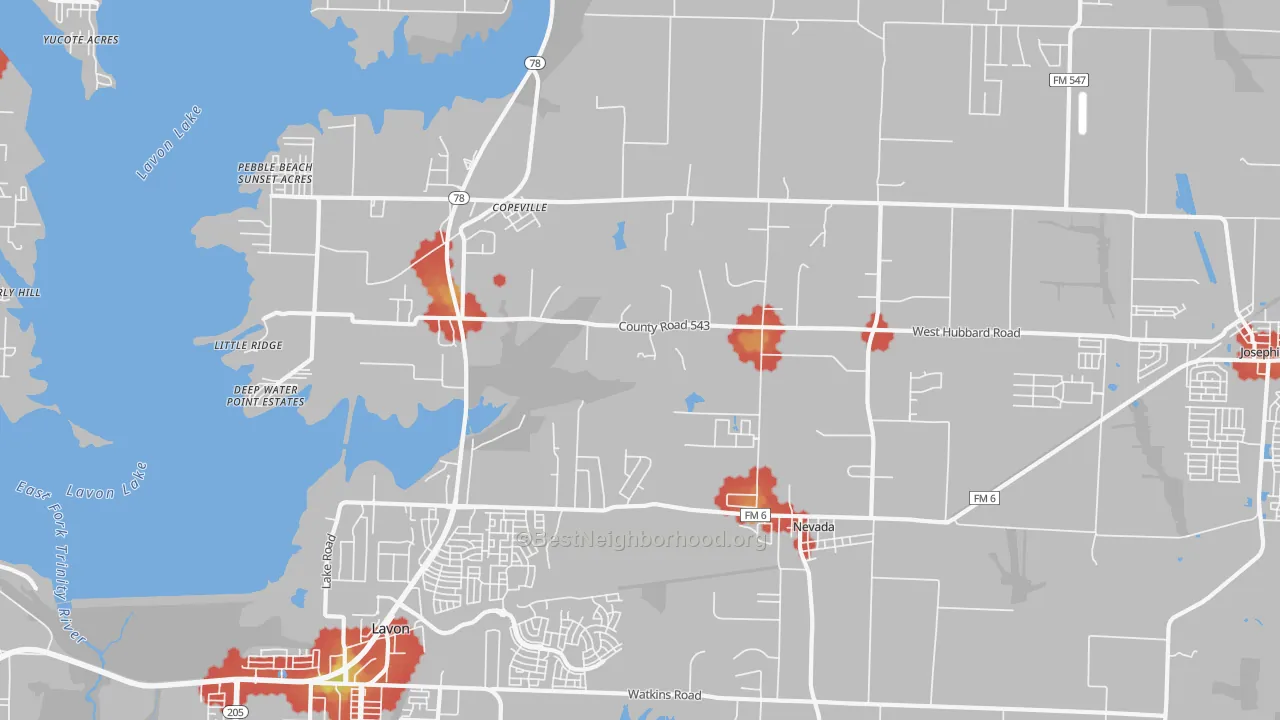 Walk Grade map of Nevada, TX, walkable areas in green and car-dependent areas in red