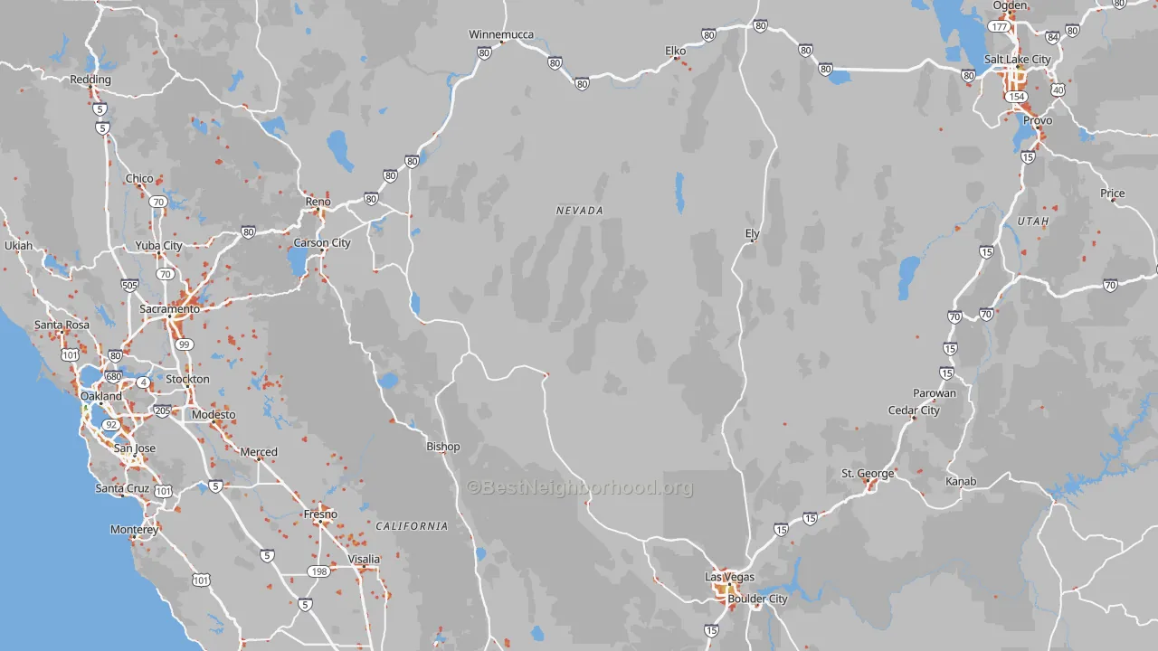 Walk Grade map of Nevada, walkable areas in green and car-dependent areas in red