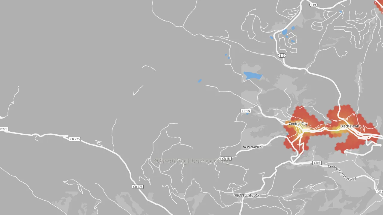 Walk Grade map of Nevadaville, CO, walkable areas in green and car-dependent areas in red