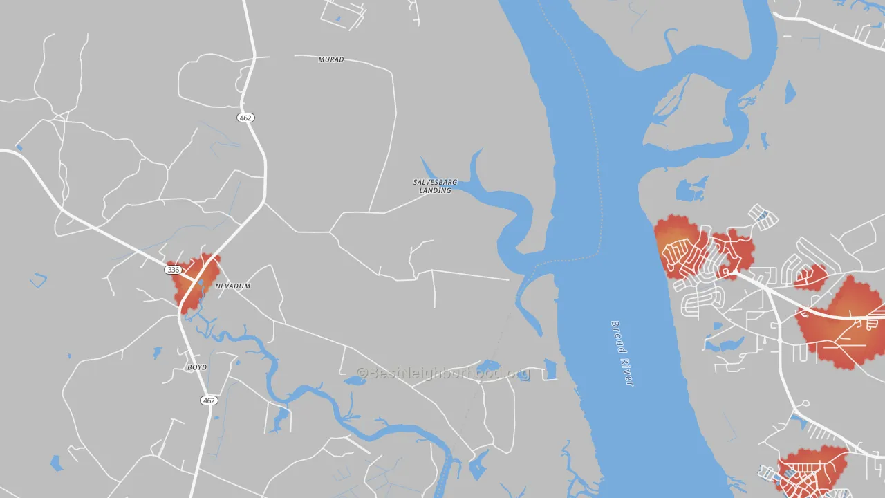 Walk Grade map of Nevadun, SC, walkable areas in green and car-dependent areas in red
