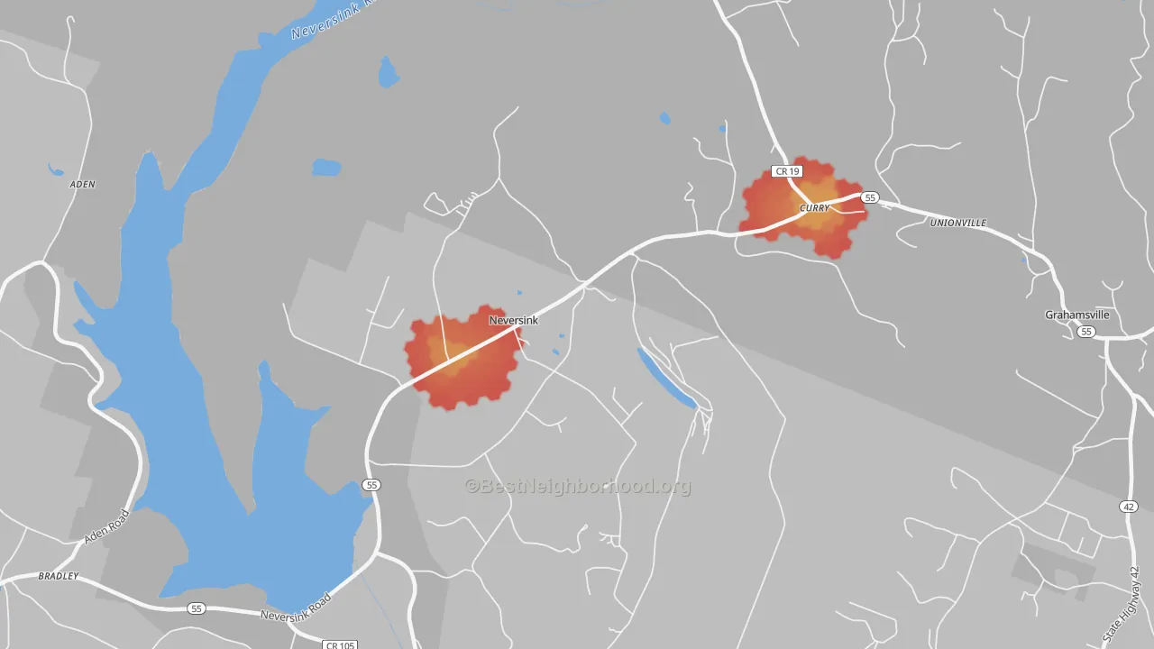 Walk Grade map of Neversink, NY, walkable areas in green and car-dependent areas in red