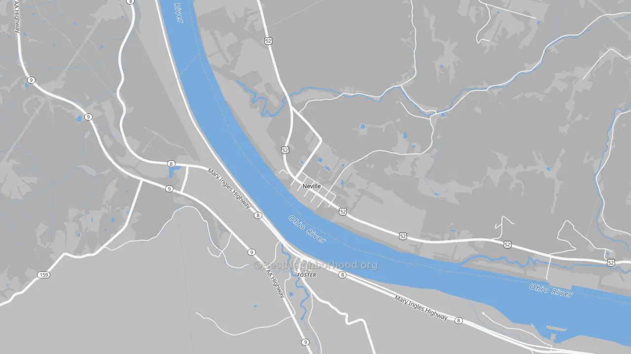 Walk Grade map of Neville, OH, walkable areas in green and car-dependent areas in red