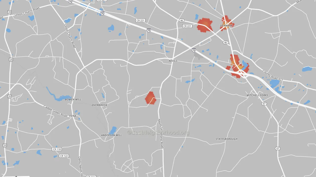 Walk Grade map of Nevils, GA, walkable areas in green and car-dependent areas in red