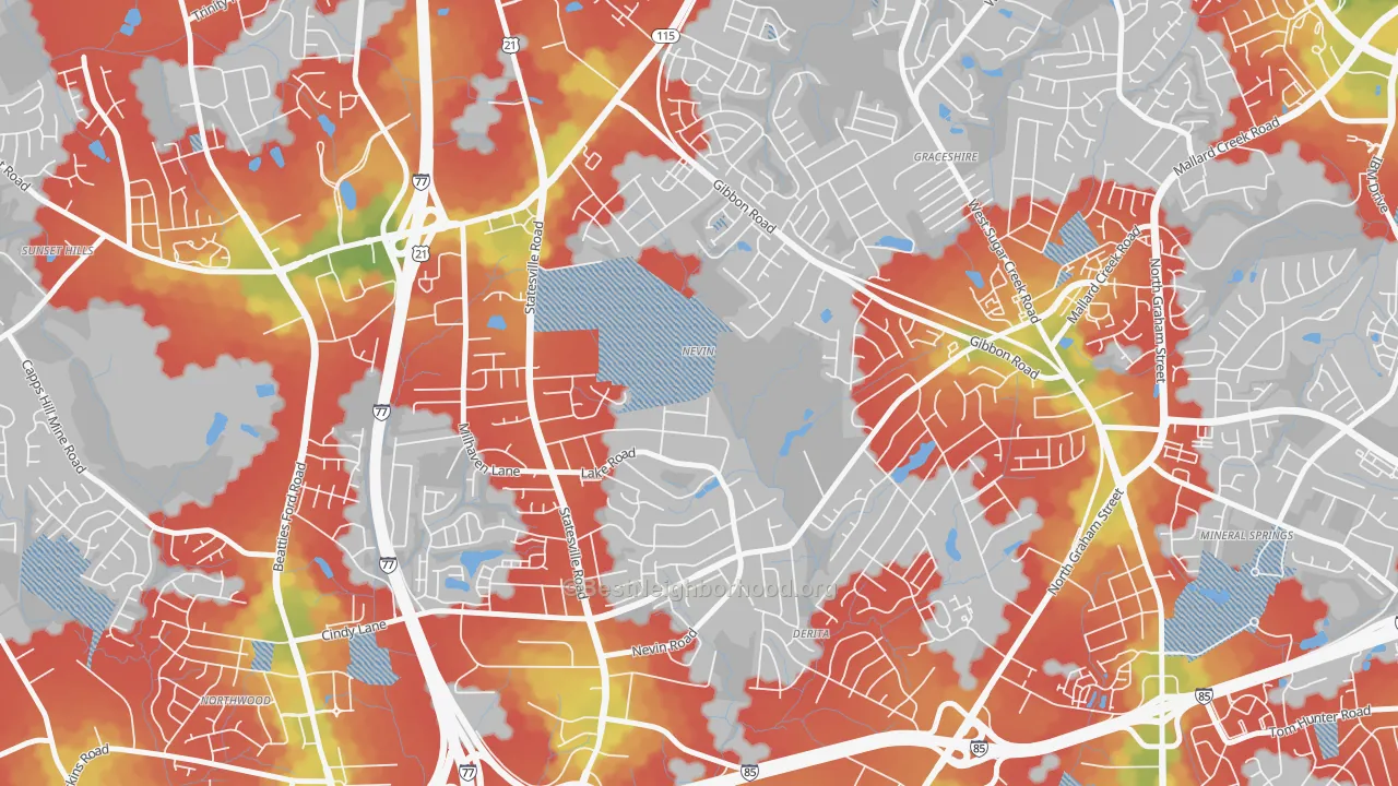 Walk Grade map of Nevin Community, Charlotte, NC, walkable areas in green and car-dependent areas in red