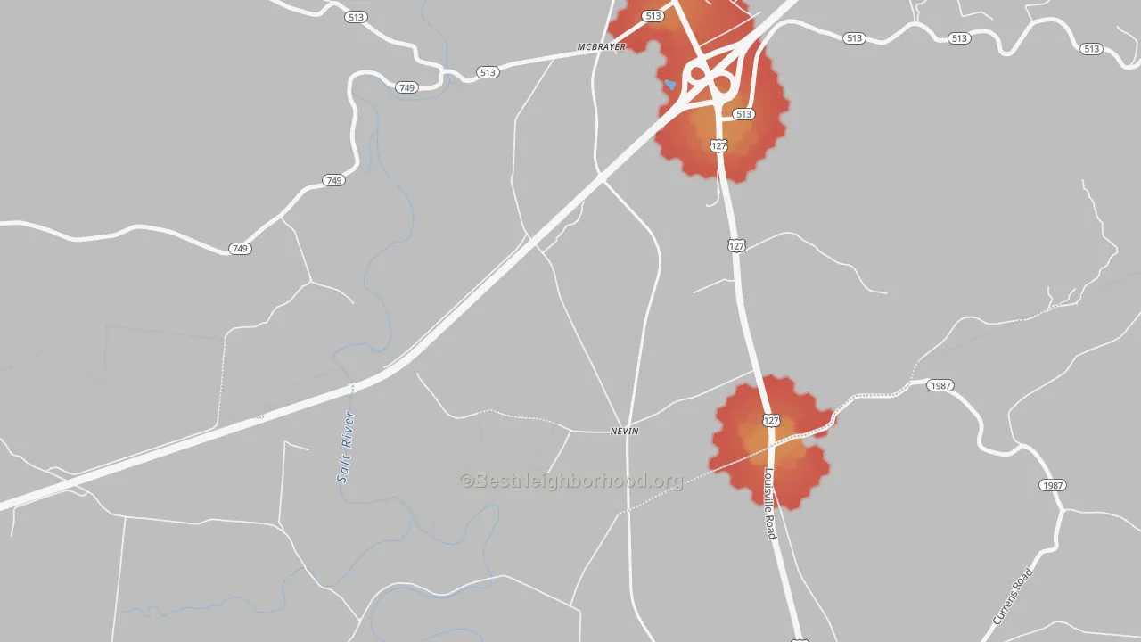Walk Grade map of Nevin, KY, walkable areas in green and car-dependent areas in red