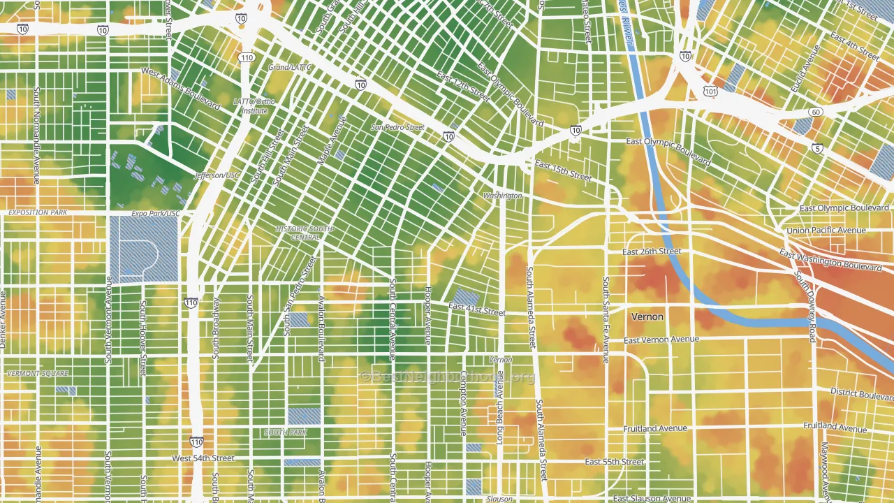 Walk Grade map of Nevin, Los Angeles, CA, walkable areas in green and car-dependent areas in red