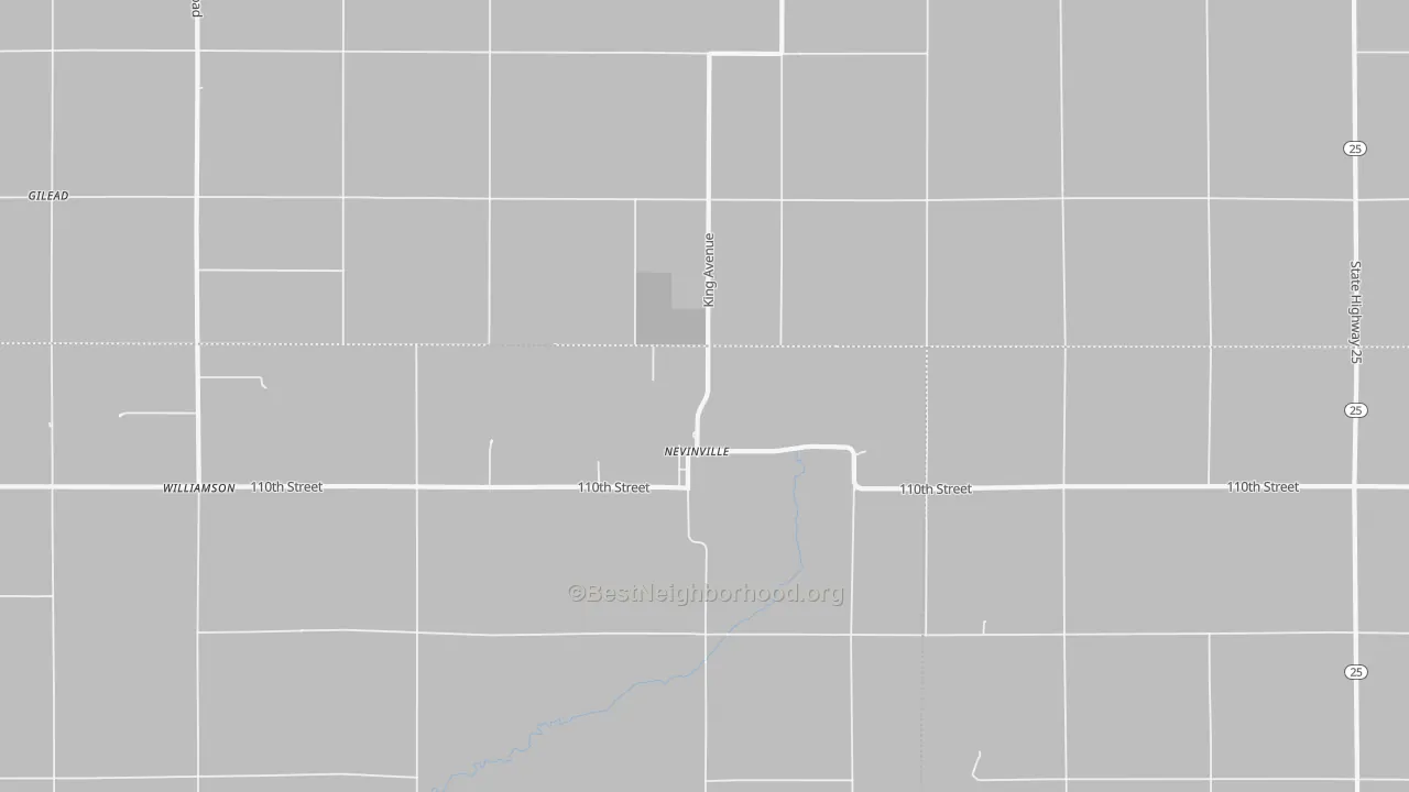 Walk Grade map of Nevinville, IA, walkable areas in green and car-dependent areas in red