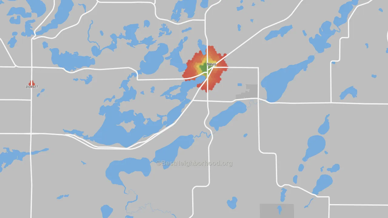 Walk Grade map of Nevis, MN, walkable areas in green and car-dependent areas in red