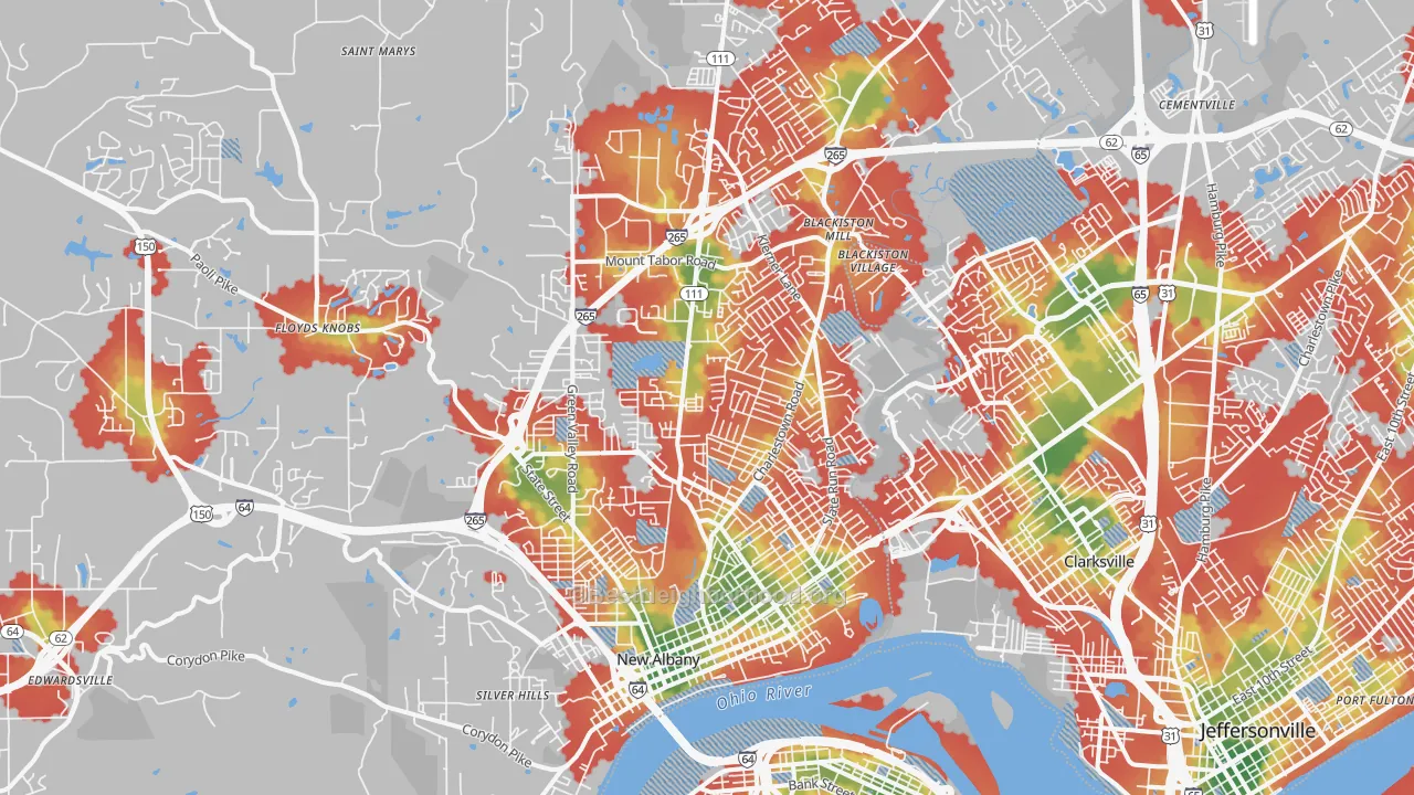 Walk Grade map of New Albany, IN, walkable areas in green and car-dependent areas in red