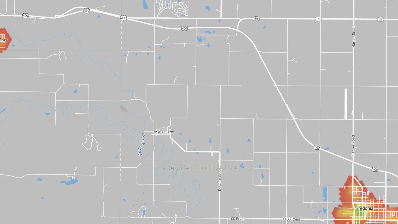 Walk Grade map of New Albany, KS, walkable areas in green and car-dependent areas in red