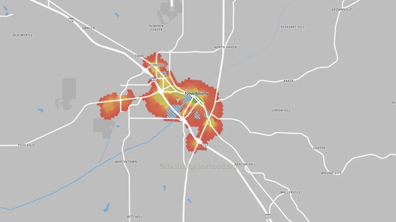 Walk Grade map of New Albany, MS, walkable areas in green and car-dependent areas in red