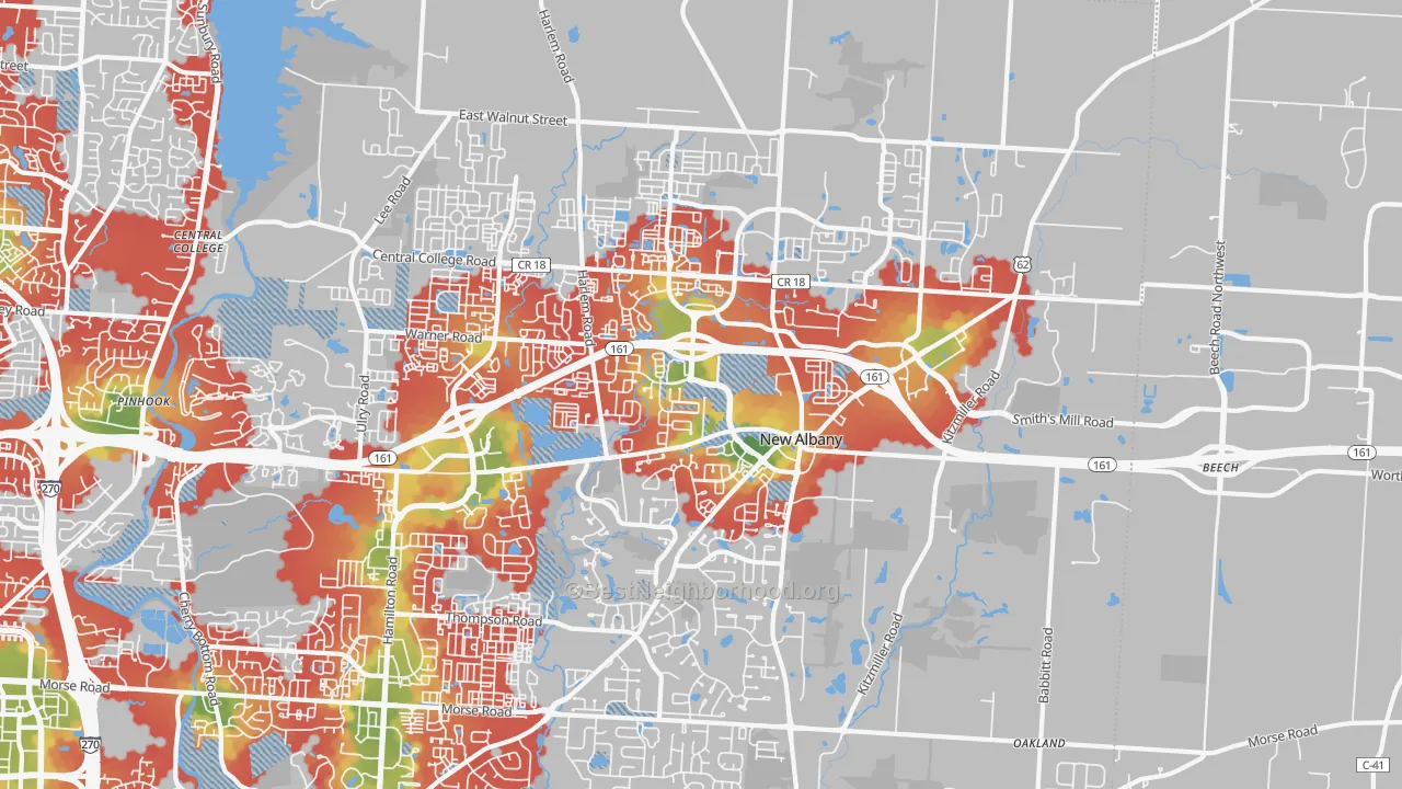 Walk Grade map of New Albany, OH, walkable areas in green and car-dependent areas in red