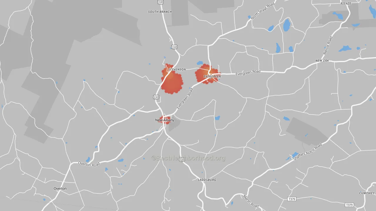 Walk Grade map of New Albany, PA, walkable areas in green and car-dependent areas in red