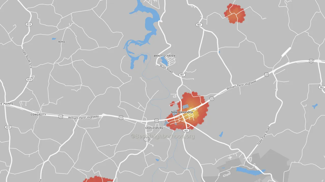 Walk Grade map of New Alexandria, PA, walkable areas in green and car-dependent areas in red