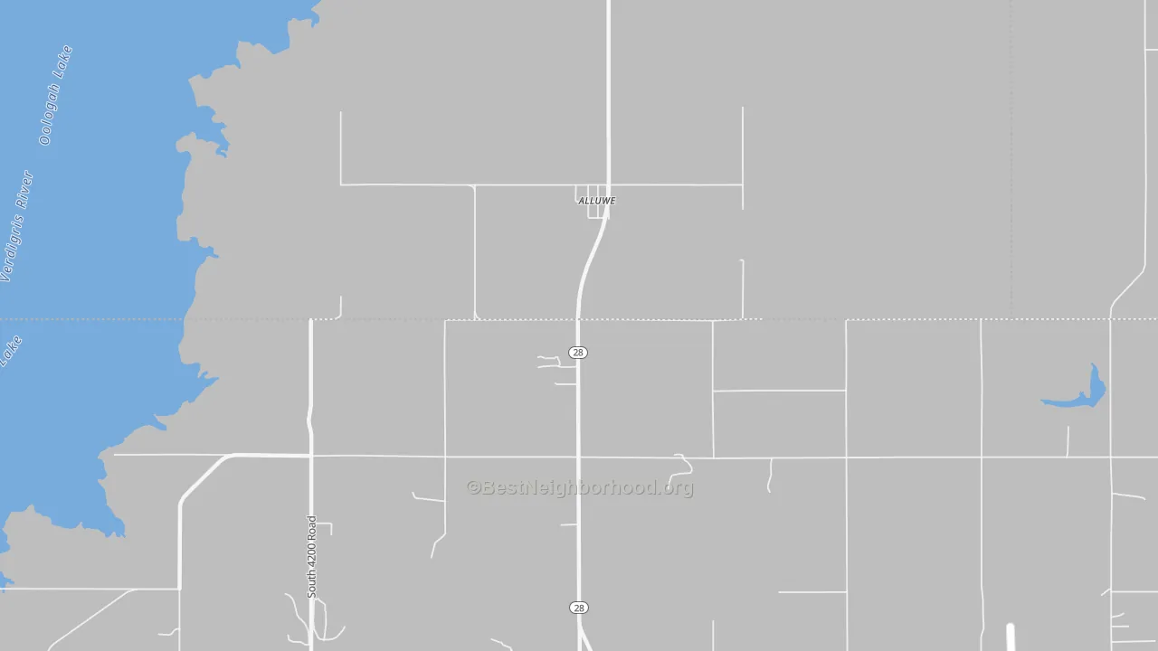 Walk Grade map of New Alluwe, OK, walkable areas in green and car-dependent areas in red