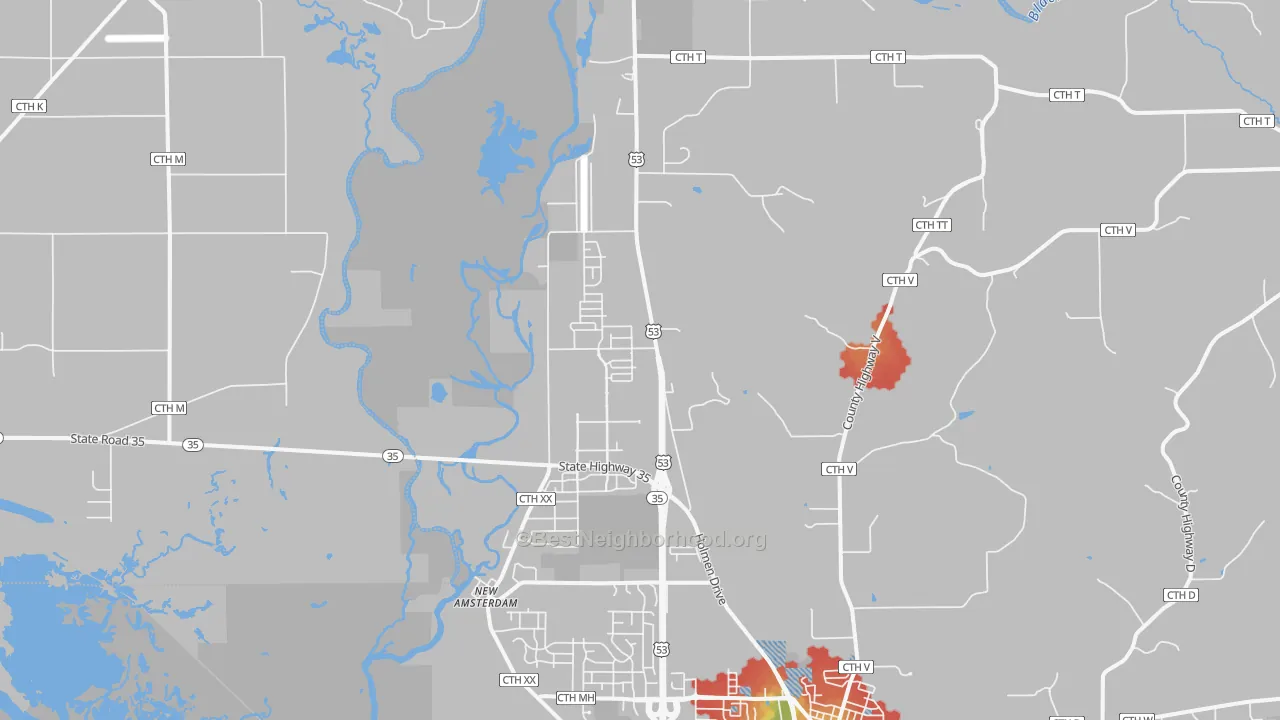 Walk Grade map of New Amsterdam, WI, walkable areas in green and car-dependent areas in red