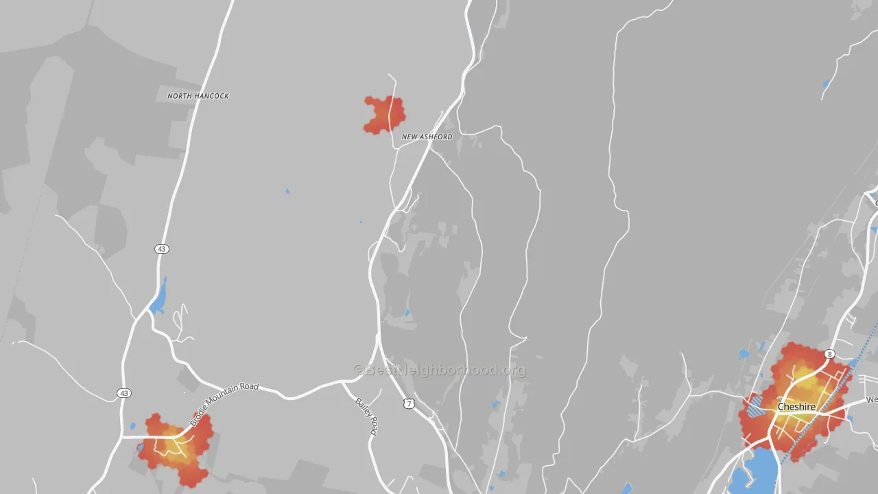 Walk Grade map of New Ashford, MA, walkable areas in green and car-dependent areas in red