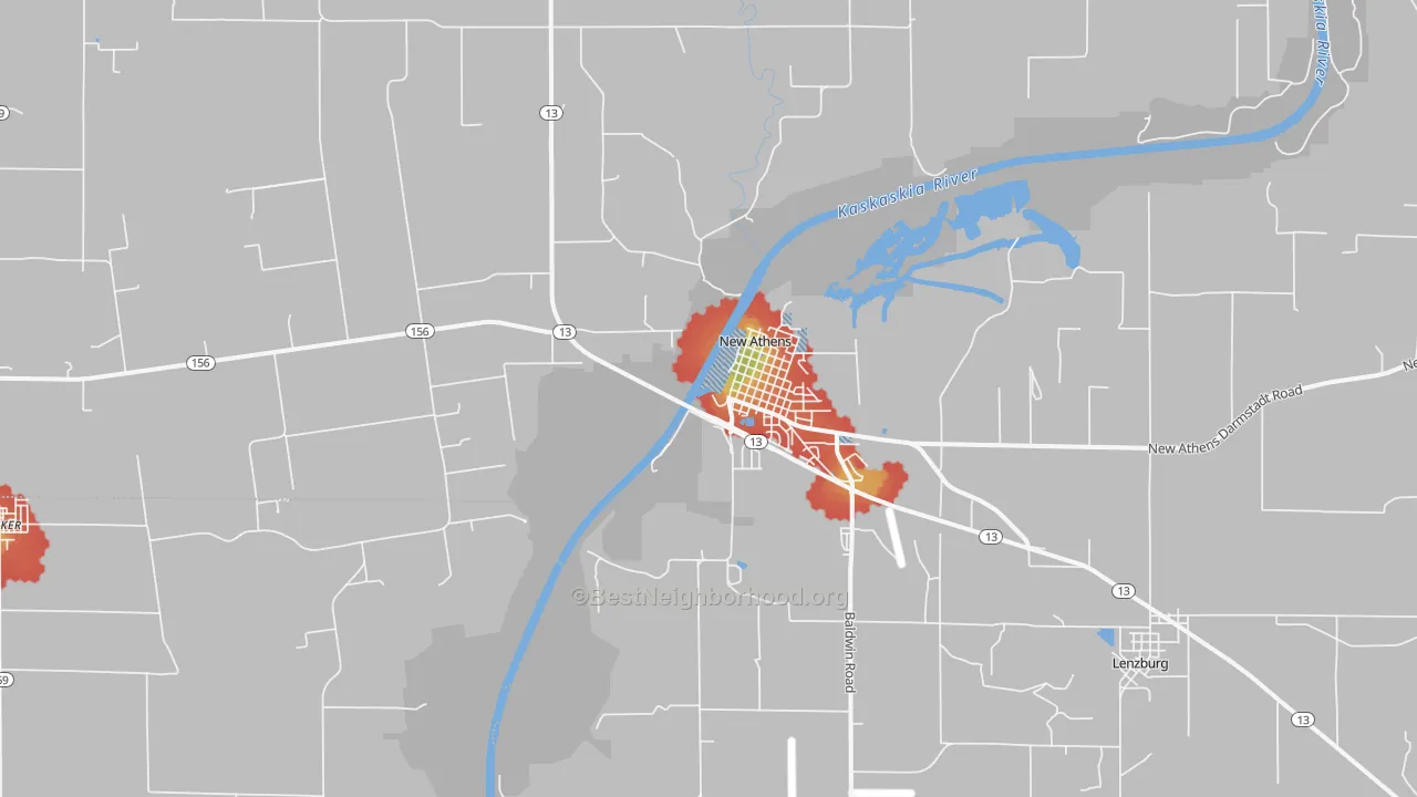 Walk Grade map of New Athens, IL, walkable areas in green and car-dependent areas in red