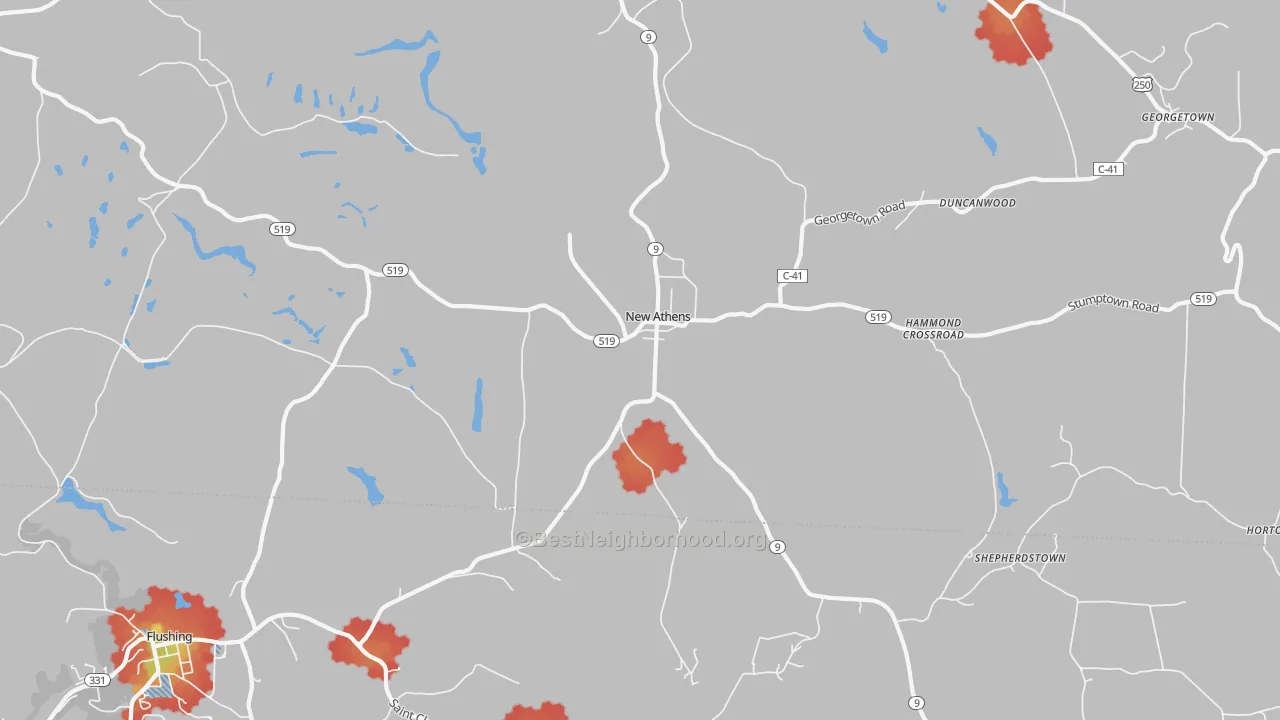 Walk Grade map of New Athens, OH, walkable areas in green and car-dependent areas in red