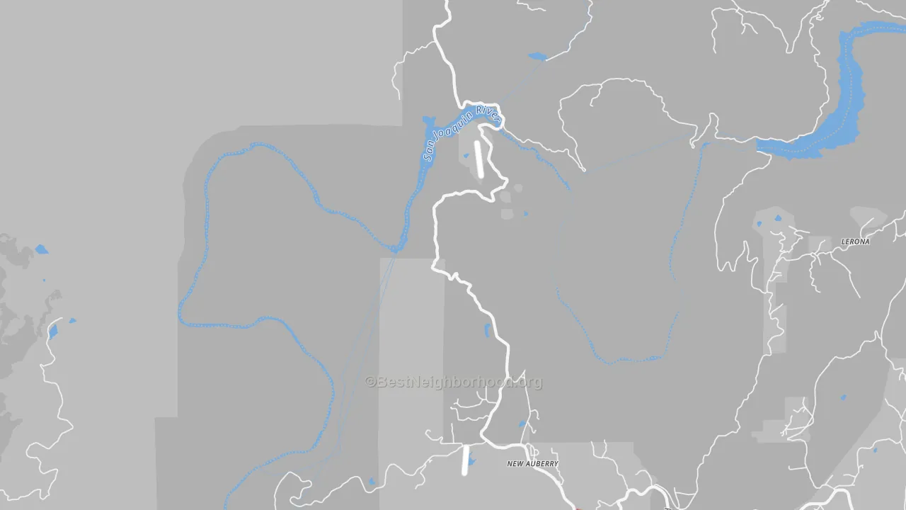 Walk Grade map of New Auberry, CA, walkable areas in green and car-dependent areas in red