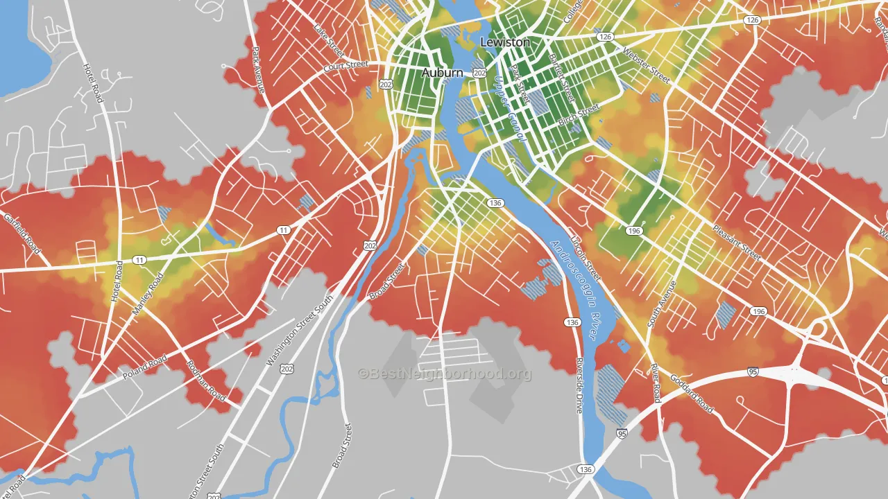 Walk Grade map of New Auburn, Auburn, ME, walkable areas in green and car-dependent areas in red