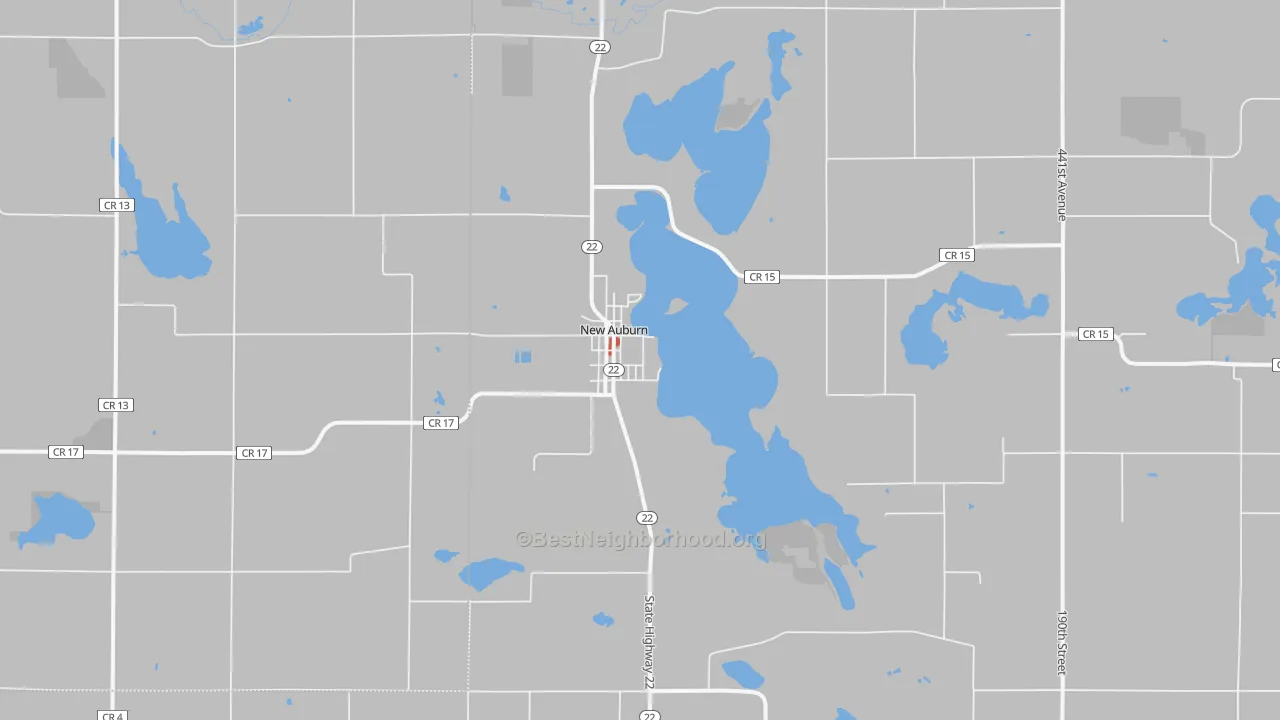 Walk Grade map of New Auburn, MN, walkable areas in green and car-dependent areas in red