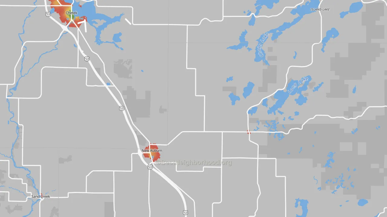 Walk Grade map of New Auburn, WI, walkable areas in green and car-dependent areas in red