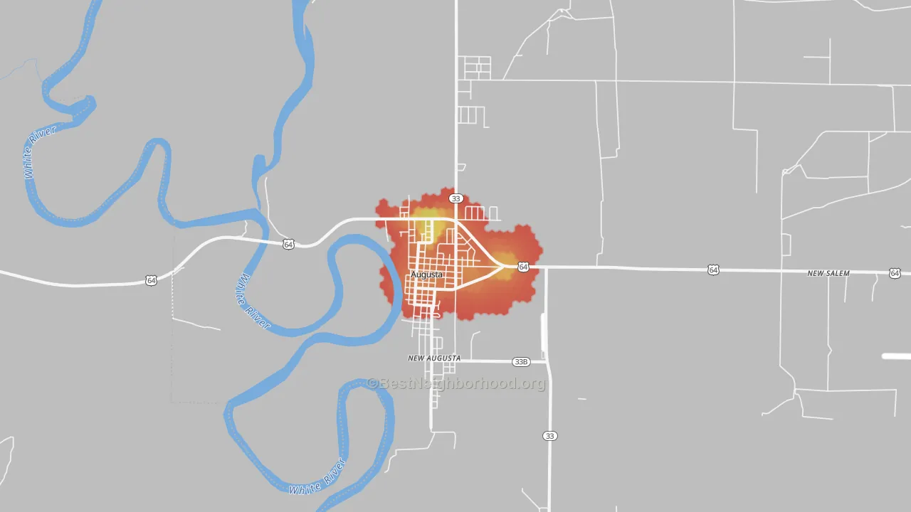 Walk Grade map of New Augusta, AR, walkable areas in green and car-dependent areas in red