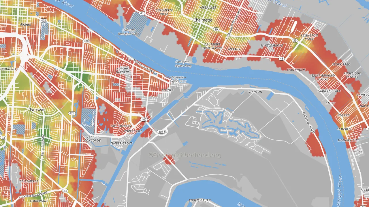 Walk Grade map of New Aurora, New Orleans, LA, walkable areas in green and car-dependent areas in red