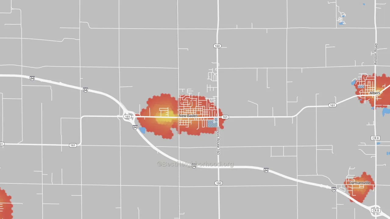 Walk Grade map of New Baden, IL, walkable areas in green and car-dependent areas in red