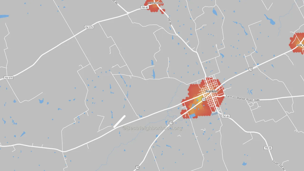 Walk Grade map of New Baden, TX, walkable areas in green and car-dependent areas in red