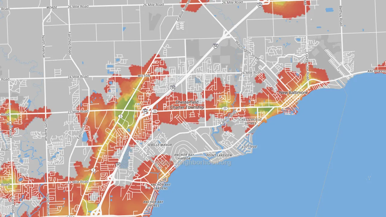 Walk Grade map of New Baltimore, MI, walkable areas in green and car-dependent areas in red